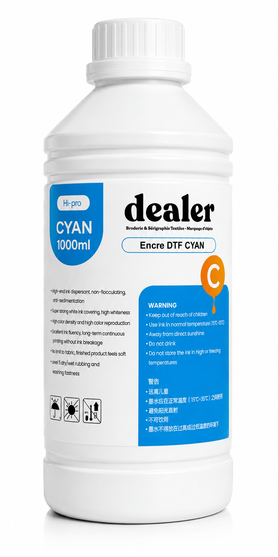 Coque Sublimation Cyan 1 Litre - Encre DTF Pro 1 Litre - Encre DTF Professionnelle – Couleurs haute densité & Résistant