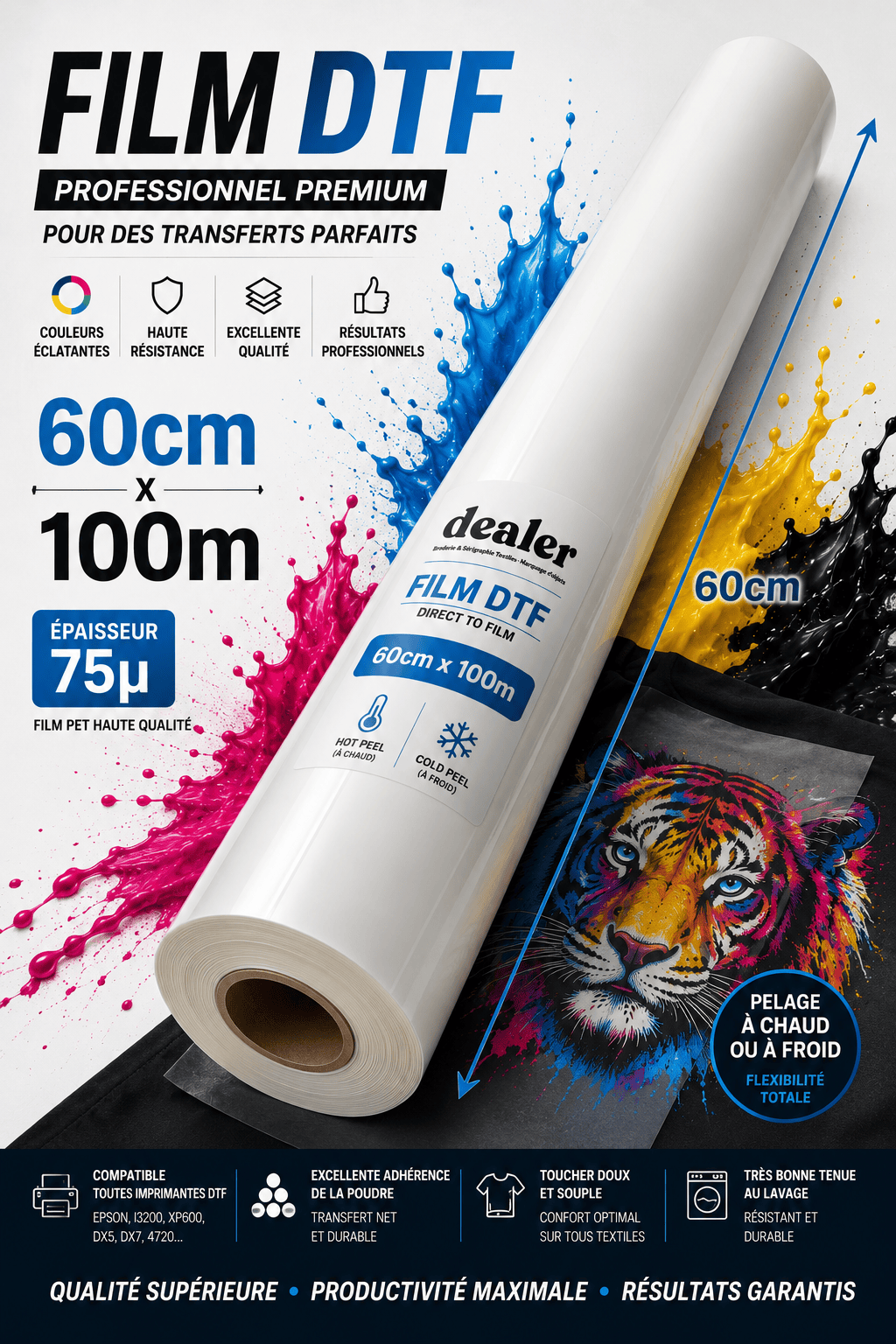 Coque Sublimation Encre Film DTF Pro 60cm x 100m - Pelage à chaud ou à froid – 75 µ Film DTF Pro 60cm x 100m - Pelage à chaud ou à froid – 75 µ