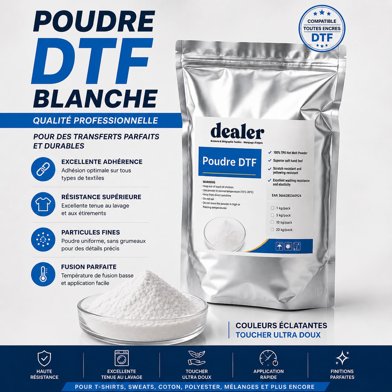 Poudre DTF de qualité, haute résistance, particules fines, résistance supérieure, excellente adhérence