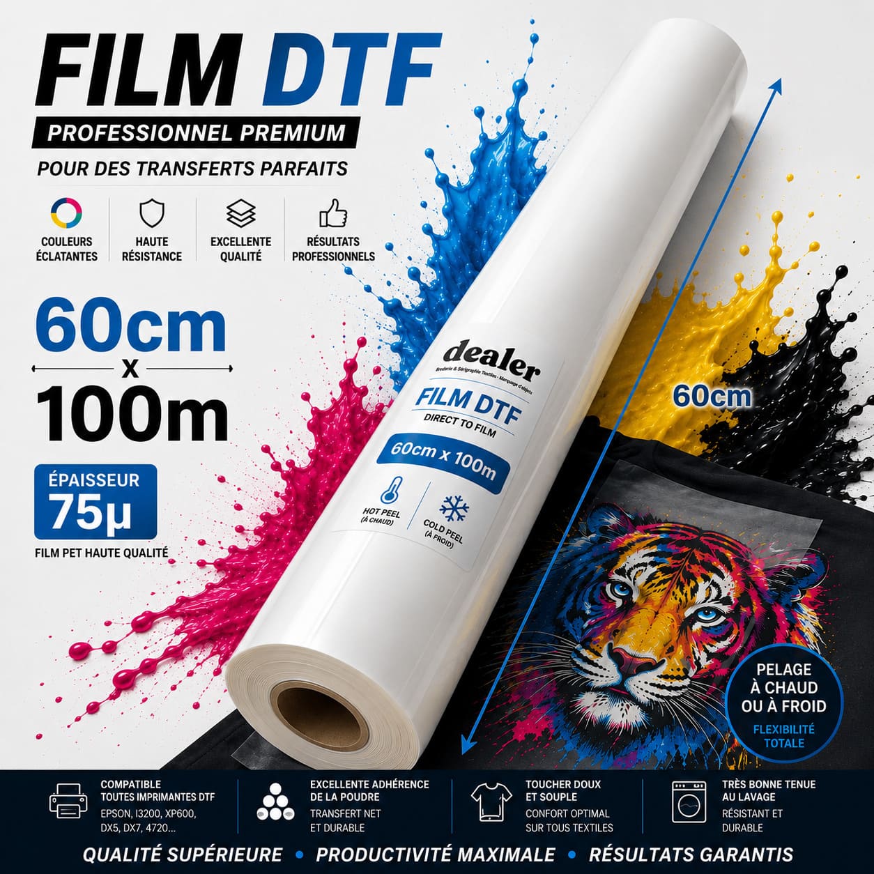 Film DTF en rouleau. Tarif grossiste. Largeur de 60cm, 100 mètres de long. épaisseur 75 microns. Compatible avec toutes les imprimantes